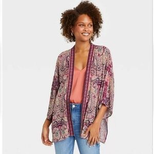 Knox Rose Burgundy & Tan Paisley Boho Open Front Cardigan/Kimono/Duster/Wrap M/L